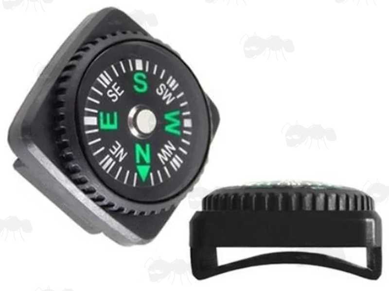 Side and Front View of The Oil Filled Button Compass with Buckle Strap Fitting