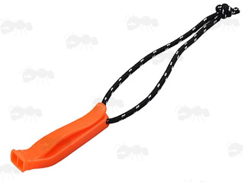 Double Frequency Orange Colour Signal Whistle, SHown Fitted with Paracord Lanyard