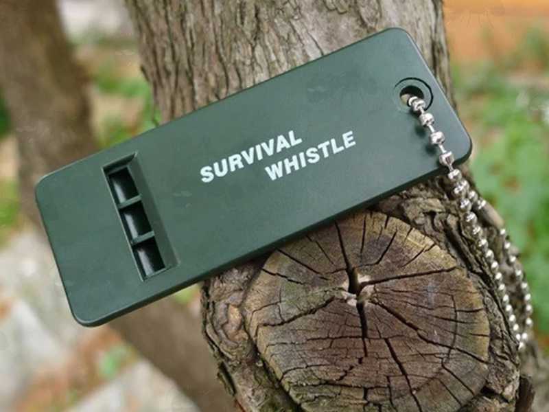 Triple Frequency Green Coloured Flat Design Signal Whistle with Metal Ball and Chain Keychain