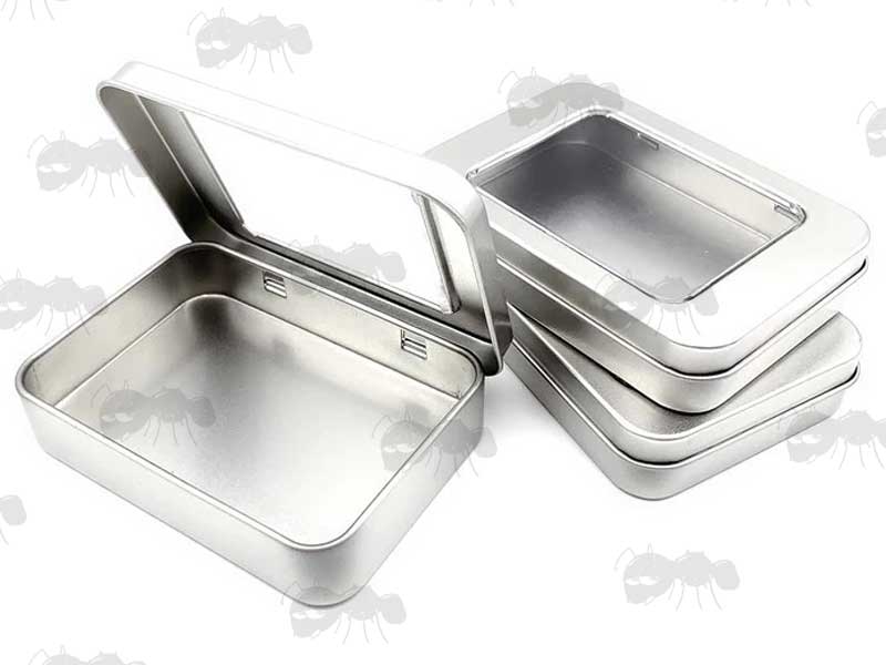 Three Small Silver Coloured Survival Tin with Hinged Lid with See-Through Windows