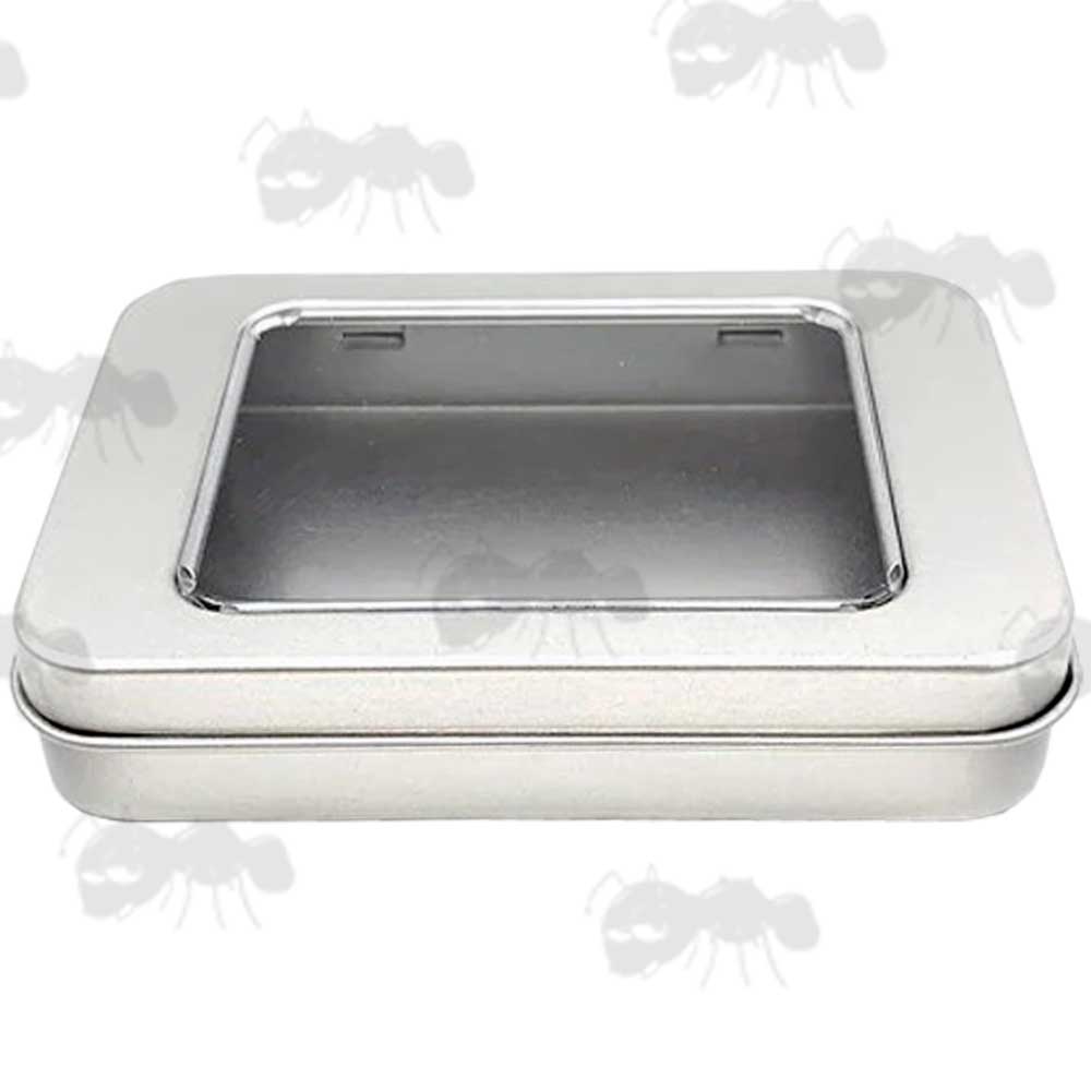 Small Silver Coloured Survival Tin with Hinged Lid with See-Through Window