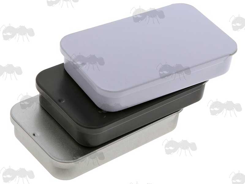 Silver, White and Black Coloured Small Survival Tins with Sliding Lids