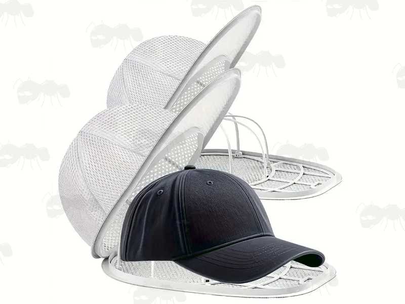 White Netting Washing Machine Bags with White Plastic Cages, Shown with a Black Baseball Cap