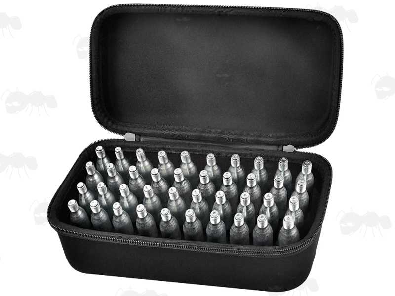 Open View of The Foam Padding inside The Black Soft Canvas Storage Case , Shown with Forty 12g Co2 Gas Capsules