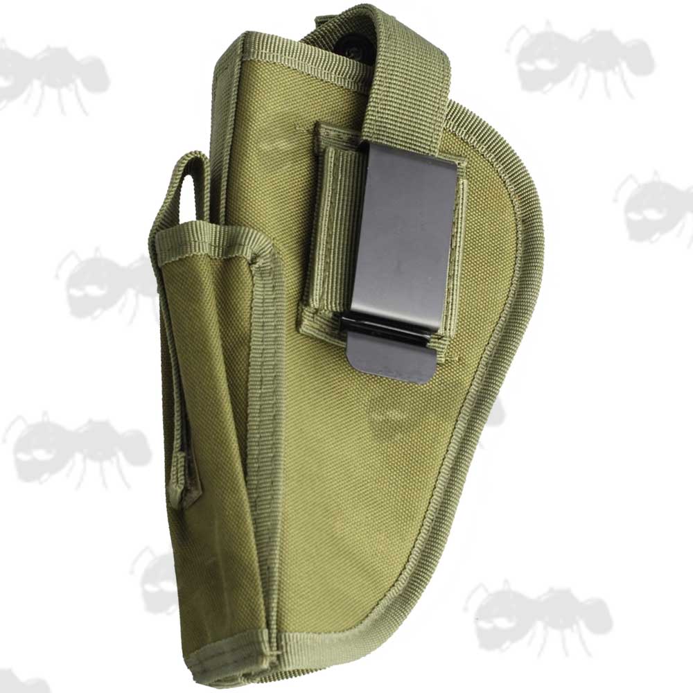 Green Coloured Tough Nylon Belt Fitting Open Ended Pistol Holster with Mag Pouch
