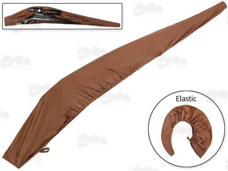 Brown Coloured Waterproof Quick Fitting Gun Cover with Elasticated Rim for Gun with Silencer, Scope and Bipod Fitted