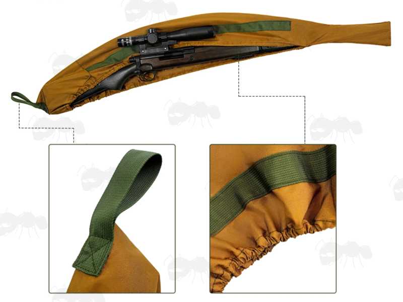 Features of The Brown Coloured Elastic Rifle Cover Slip Bag with Elasticated Rim for Gun with Silencer, Scope and Bipod Fitted