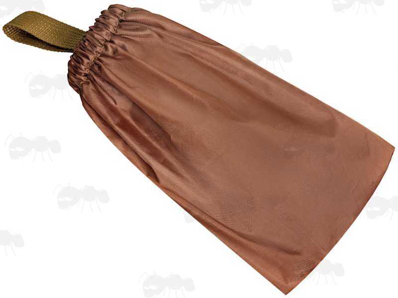 Brown Coloured Waterproof Quick Fitting Gun Cover with Elasticated Rim for Gun with Silencer, Scope and Bipod Fitted, Shown Rolled-Up