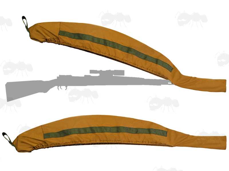 Brown Coloured Elastic Rifle Cover Slip Bag with Elasticated Rim for Gun with Silencer, Scope and Bipod Fitted, Being Fitted Over a Bolt Action Rifle