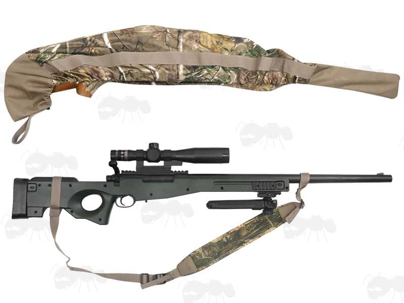 Elasticated Rim Tree Camouflage Patterned Rifle Cover Slip Hood, Shown Over Rifle on Tripod Rests