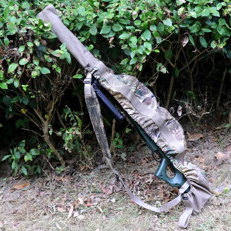 Elasticated Rim Tree Camouflage Patterned Rifle Cover Slip Hood, Shown Over Rifle with Sling and Bipod Fitted