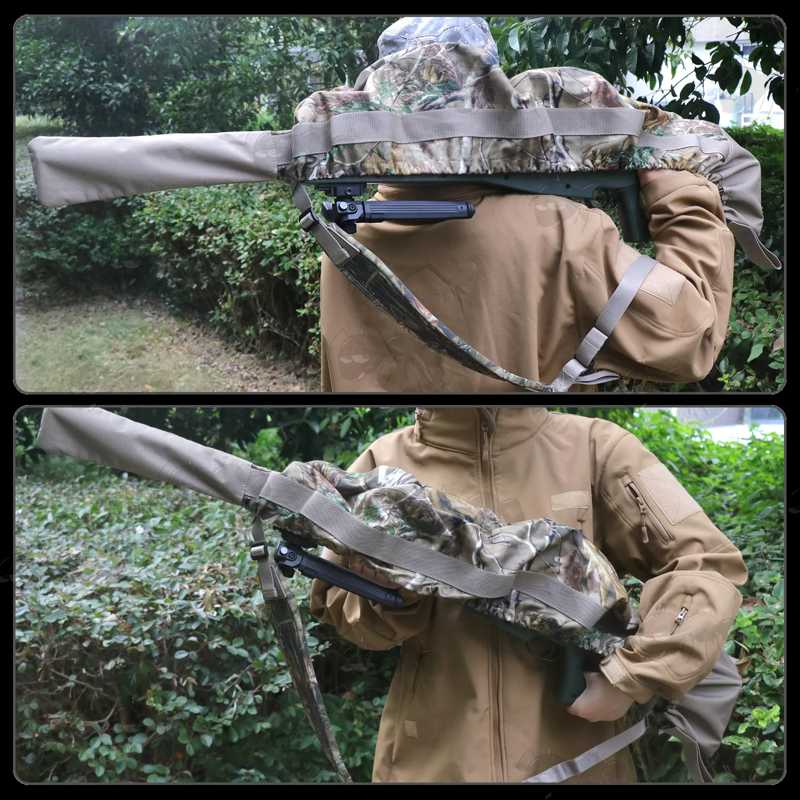 Elasticated Rim Tree Camouflage Patterned Rifle Cover Slip Hood, Shown Over Rifle with Sling and Bipod Fitted