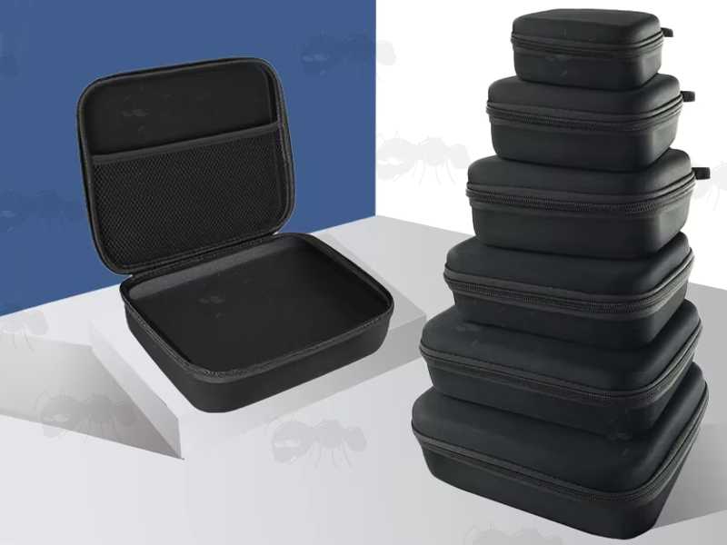 Closed View of All Size Available Sizes of The Small Black EVA Rigid Foam Storage Cases for Protecting Small Items, Size A to F