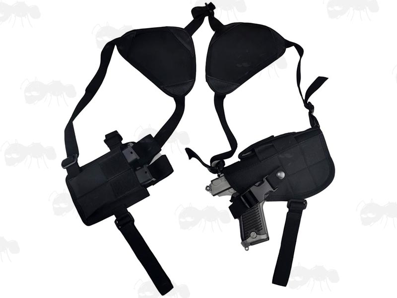 Black Nylon Pistol Shoulder Rig Holster With Double Magazine Pouch