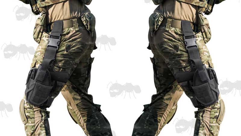 Left and Right Handed Fully Adjustable Black Drop-Leg Pistol Holsters in Use