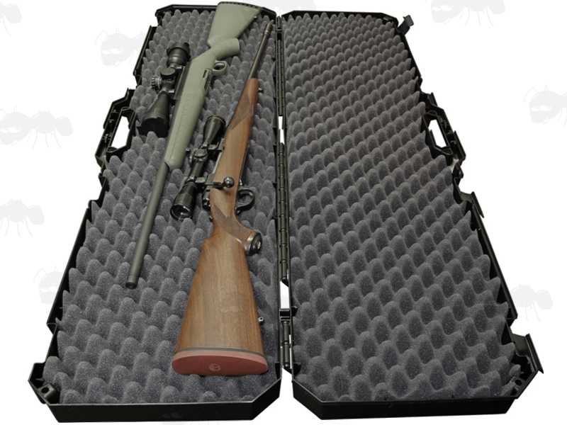 Open View of The MTM CASE-GARD Model RC51 Hard Plastic Double Rifle with Scopes or Shotgun Carry Case with Egg Foam Padding, Shown with Two Scoped Rifles Inside
