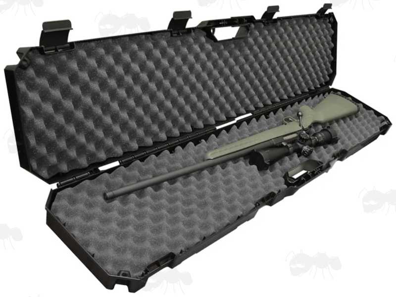 Open View of The MTM CASE-GARD Model RC51 Hard Plastic Rifle with Scope or Shotgun Carry Case with Egg Foam Padding, Shown with Scoped Rifle Inside