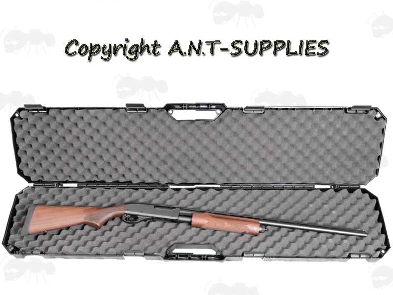 Open View of The MTM CASE-GARD Model RC51 Hard Plastic Rifle with Scope or Shotgun Carry Case with Egg Foam Padding, Shown with Single Barrel Shotgun Inside