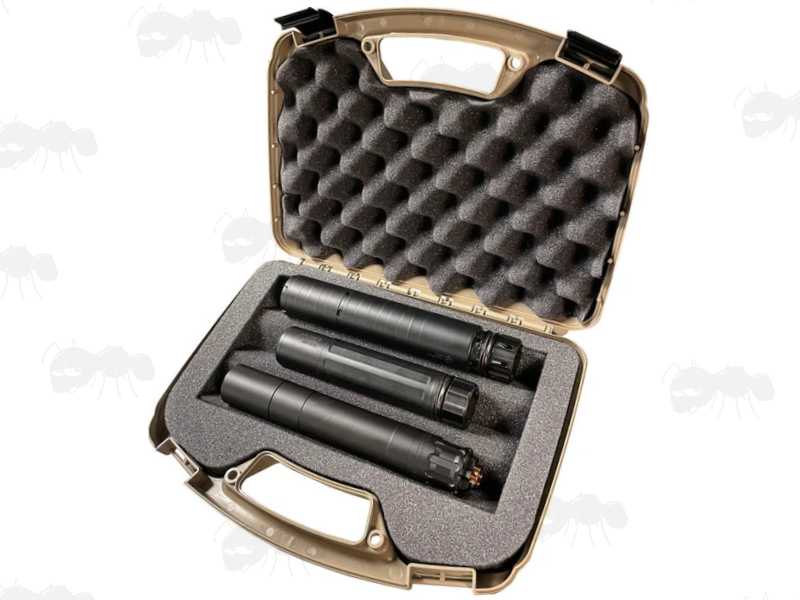 Open View Showing The Protective Black Foam Inside The MTM CASE-GARD Tan Coloured Hard Plastic Carry Case for Silencers, Shown Holding Three Silencers