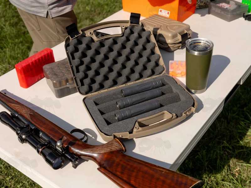 MTM CASE-GARD Tan Coloured Hard Plastic Carry Case for Silencers, Shown in Use on a Shooting Bench