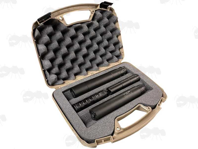 Open View Showing The Protective Black Foam Inside The MTM CASE-GARD Tan Coloured Hard Plastic Carry Case for Silencers, Shown Holding Four Silencers