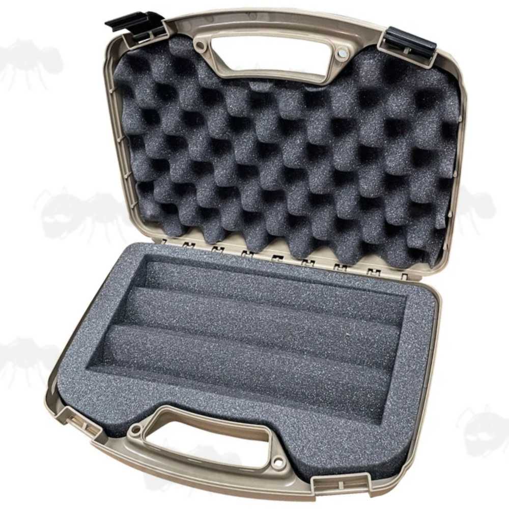 Open View Showing The Protective Black Foam Inside The MTM CASE-GARD Tan Coloured Hard Plastic Carry Case for Silencers