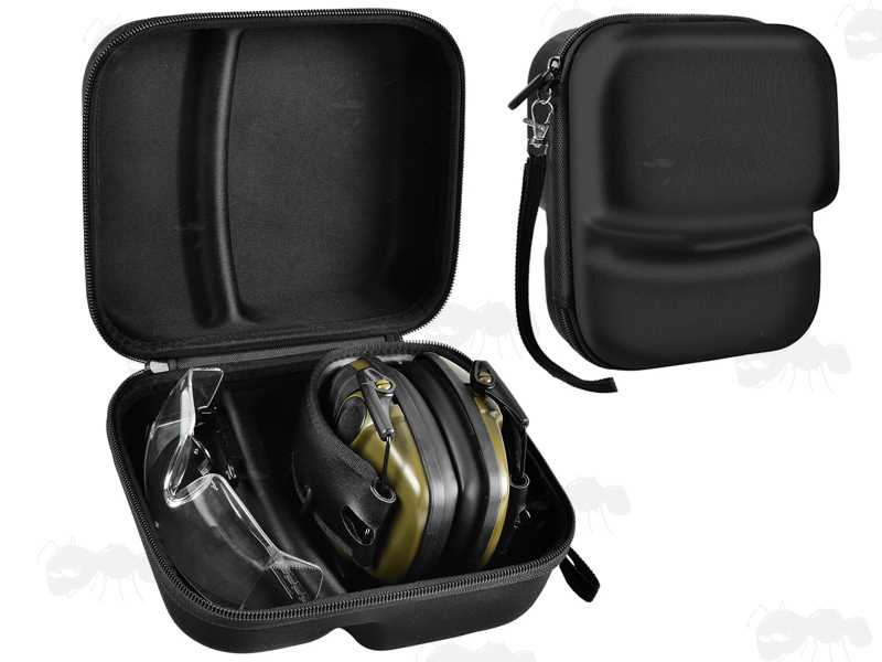 Open and Closed View of The Black Soft Canvas Combination Storage Case, Shown with Ear Defenders and Shooting Glasses