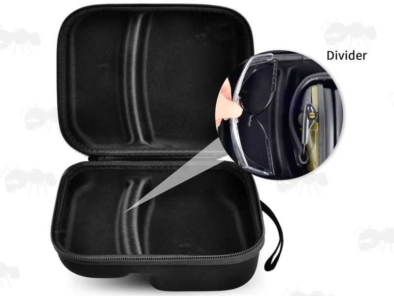Open View of The Black Soft Canvas Combination Storage Case for Ear Defenders and Shooting Glasses, Highlighting The Section Divider