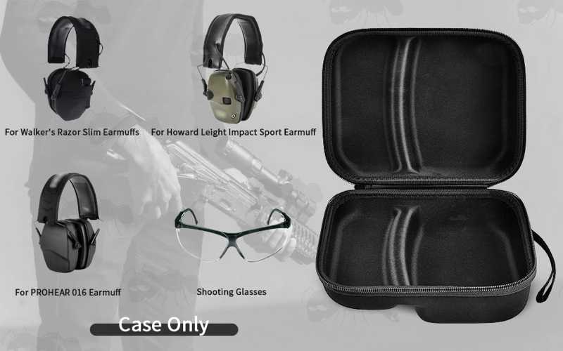 Open View of The Black Soft Canvas Combination Storage Case, Shown with Ear Defenders and Shooting Glasses