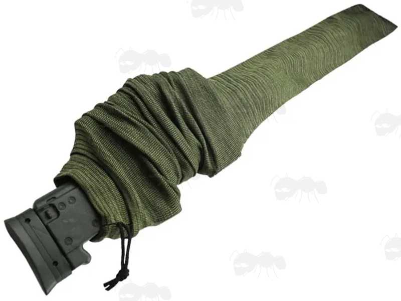 Light Green Coloured Silicone Coated Gun Cover Sock, Shown Fitted on a Rifle