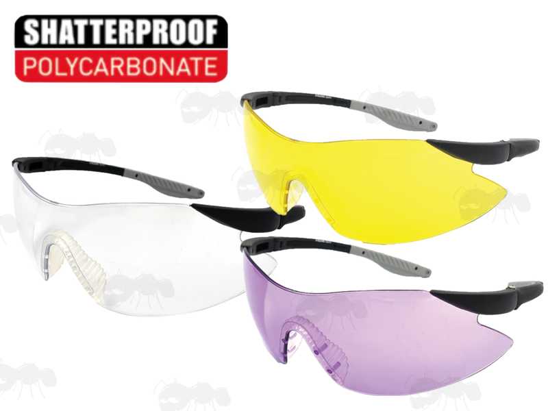 Three Pairs of EyeLevel Safety Target Shooting Glasses, Clear, Yellow and Purple Lenses