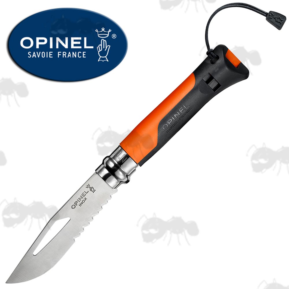 Opinel Number 08 outdoor Folding Knife Black and Orange Signal Whistle Handle