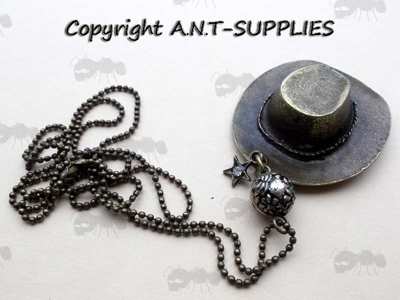 Bronze Metal Cowgirl Hat With Flower Petal Ball and Star With Jewel Charm on a Ball Chain Necklace