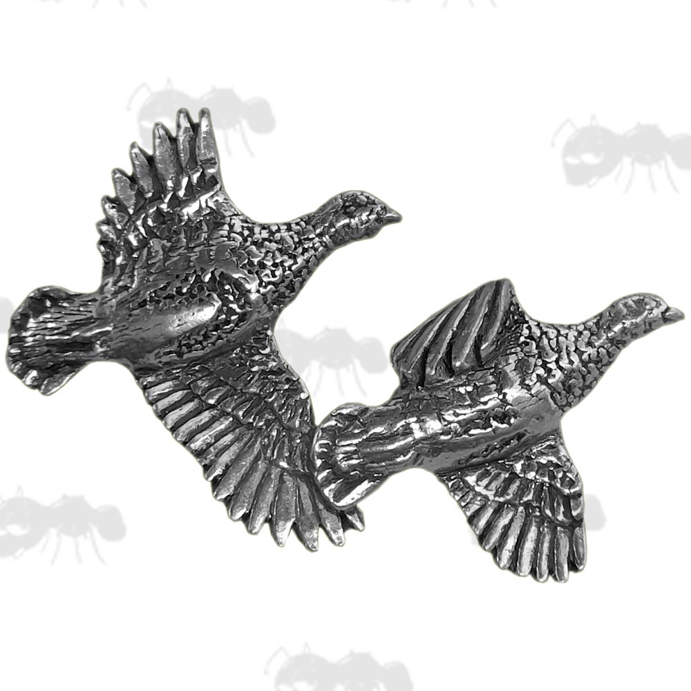 Two Partridges in Flight Pewter Pin Badge