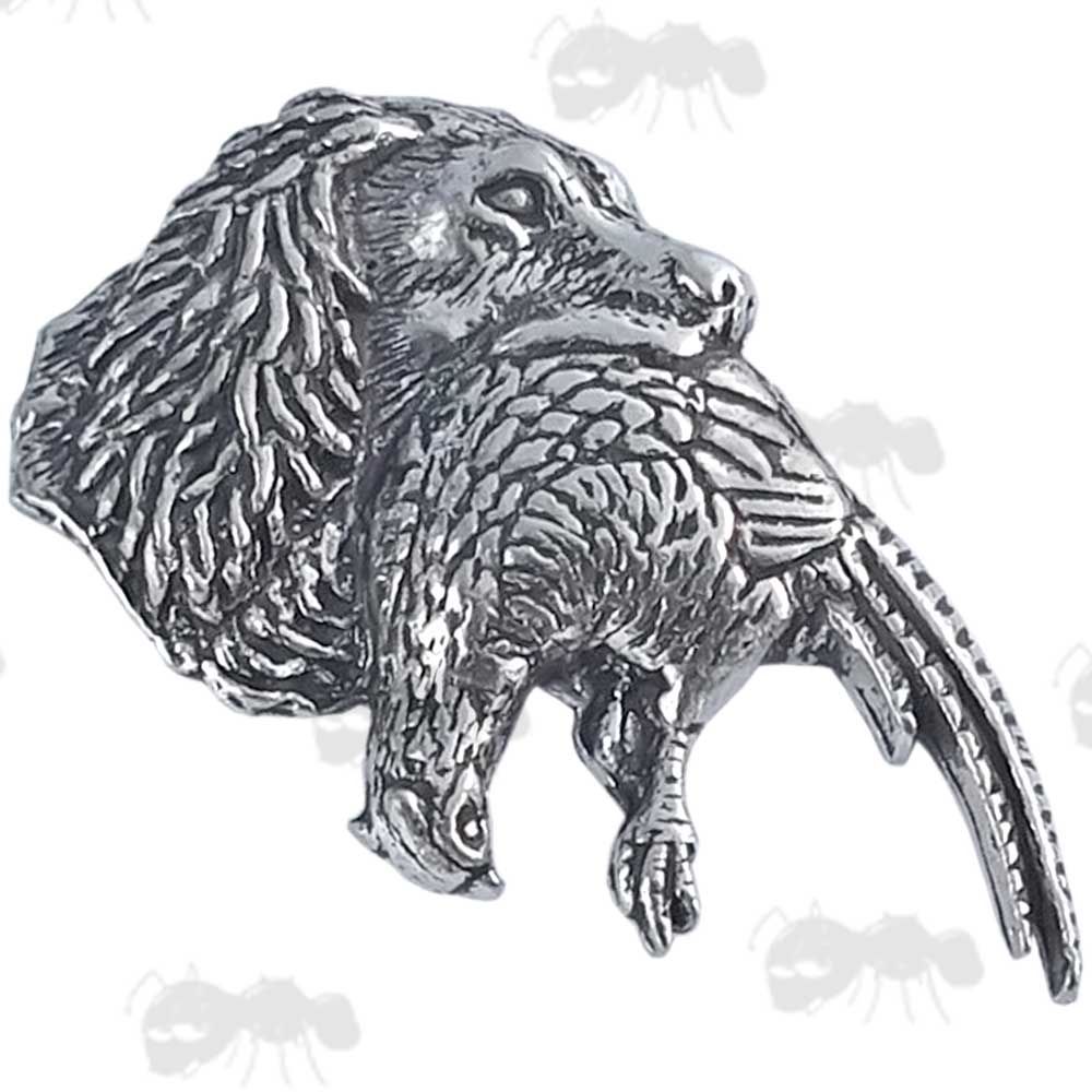 Spaniels Head with Pheasant in Mouth Pewter Pin Badge
