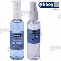 Bottle of Abbey Multi-Coated Lens Cleaner and Bottle of Anti-Fog Solution