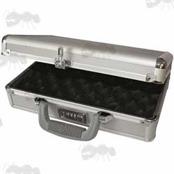Silver Finish Reinforced Metal Pistol Carry and Storage Case with Large Handle and Combination Lock and Egg Box Foam Lining