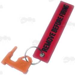Orange Plastic Empty Gun Chamber Safety Plug Tool with Red Canvas Flag Keychain with Black Embroidered Remove Before Firing Chamber Text