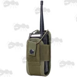 Compact Green Canvas Communication Device Holster Pouch Shown with Walkie Talkie