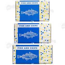 Small, Medium and Large Sizes Assembled Full Colour Cardboard Fish and Chips Box with Integral Lid
