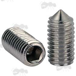Two Stainless Steel Grub Screws With Hex Socket Heads and Cone Points