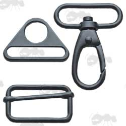 One Set of Black Finish Metal Gun Sling Fittings, Swivel Clip, Sliding Bar TriGlide Buckle and O Ring Buckle Plate