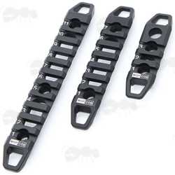 Set of Three Black Skeletonised Picatinny Accessory Rails with Sling Attachment Points, with Dual Fittings for M-Lok or KeyMod Slotted Handguards