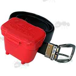 MTM ABP Red Plastic Ammo Belt Pouch Shown Fitted To Black Trouser Belt
