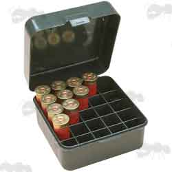 Green Plastic Shotgun Cartridge Box For 25 Cartridges, Showing 10 Shells