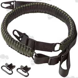 Long Two Tone Black and Green Coloured Paracord Weaved Rifle Sling with Fitted HK Swivels and Extra QD Swivels