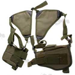 Green Nylon Pistol Shoulder Rig Holster with Double Mag Pouch