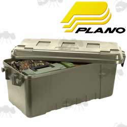 Medium Sized OD Green Coloured Wheeled Sportsman's Equipment Trunk With Unclipped Lid by Plano