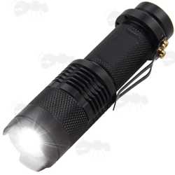 All Black Anodised Metal LED Torch Powered by AA Alkaline or 14500 Lithium-Ion Battery, with Adjustable Zoom, Belt Clip and Orange Tailcap Power Button