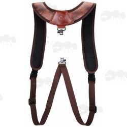 Brown TU Leather and Black Neoprene Padded Hunting Gun Back Harness Sling Fitted with Black Metal QD Swivels and Plastic Side Release Buckles